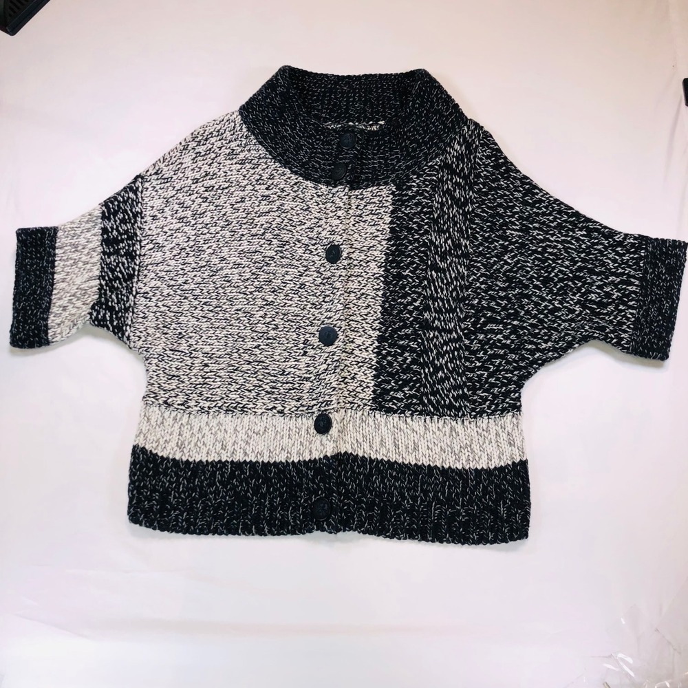 Chico's Colorblock Marled Knit Cardigan Sweater Black White Size 3 XL Mock Neck